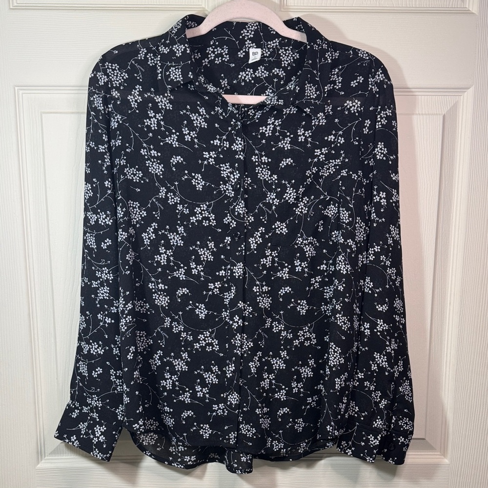BP. Floral Sheer Button Up Blouse Black White Size Small Formal Collared Top